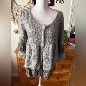 Gray knit cardigan top with lace details